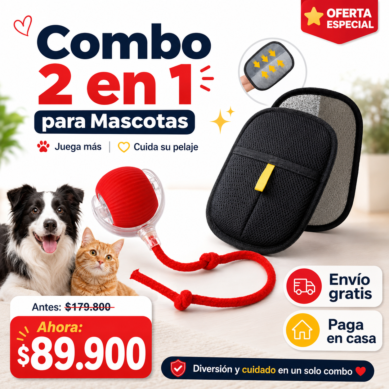 PELOTA INTERACTIVA PARA MASCOTAS Y GUANTE SACA PELOS