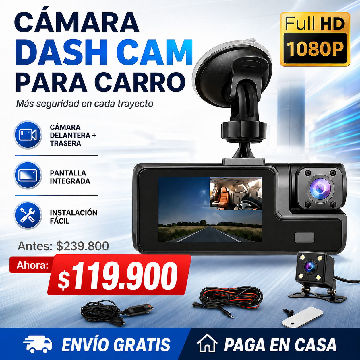 Dash Cam Triple Lente Full HD 1080p