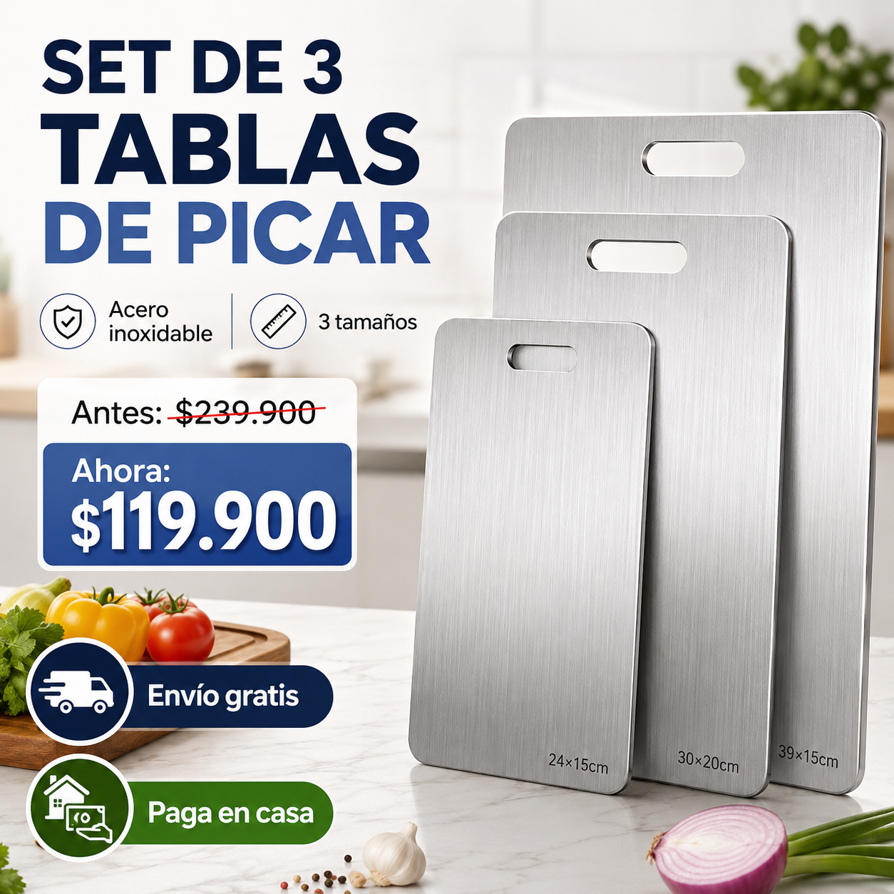 TABLA PARA PICAR X 3  DE ACERO INOXIDABLE