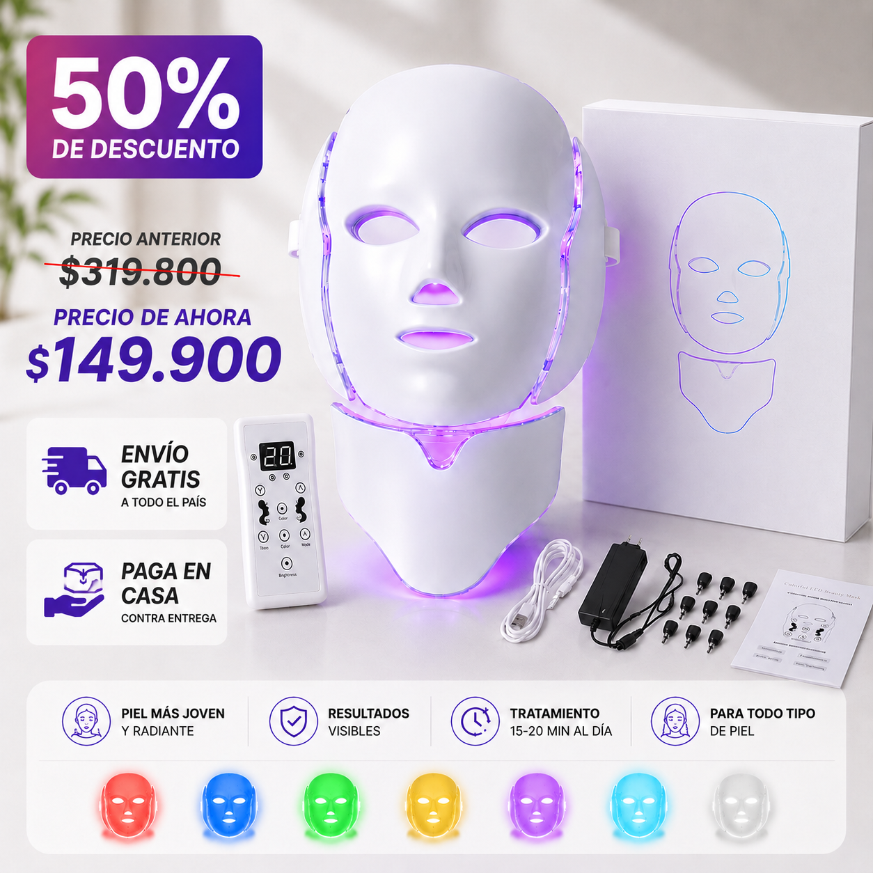 MÁSCARA FACIAL TERAPÉUTICA LED MULTIESPECTRO DE FOTOTERAPIA AVANZADA